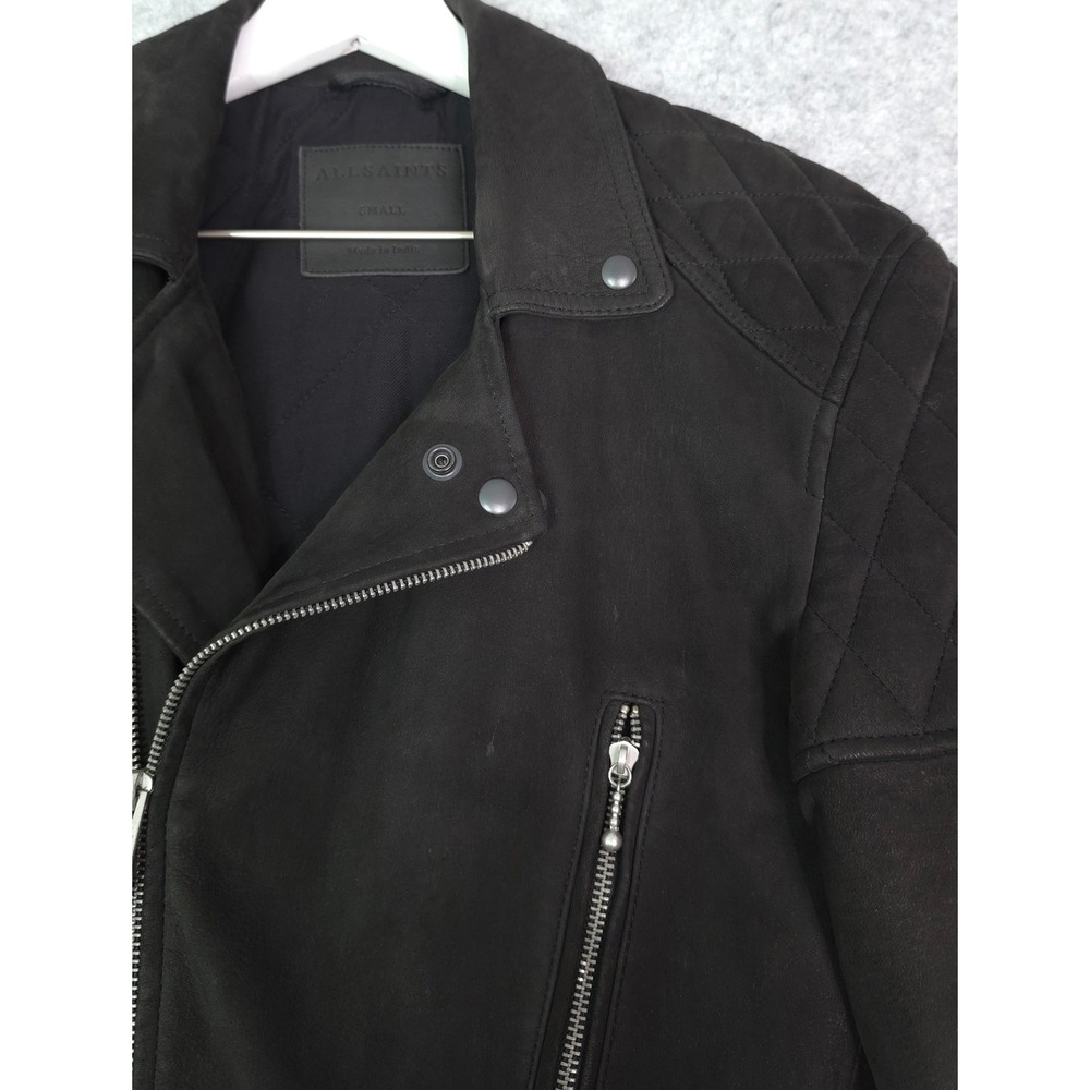 AllSaints Kenji Biker Jacket Men Small Black Sheep Leather Quilted Moto ML024K - Picture 3 of 10